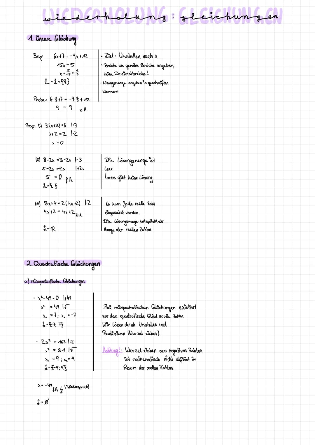 # wiederholung:gleichungen

1. Lineare Gleichung

3sp: 6x+7-9x+12

15x=5

$x=\frac{5}{15}=\frac{1}{3}$

L={}

Probe: 6.317-9.3+12

9 = 9 w. 