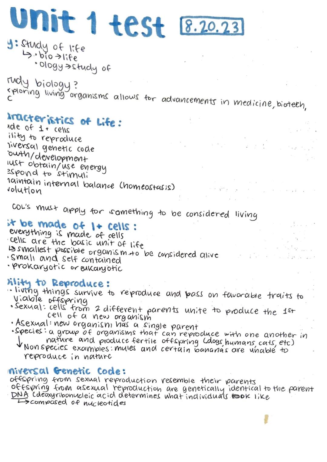 # unit 1 test 8.20.23

y: Study of life
biolife
•ology study of

rudy biology?
C
ploring living organisms allows for advancements in medicin