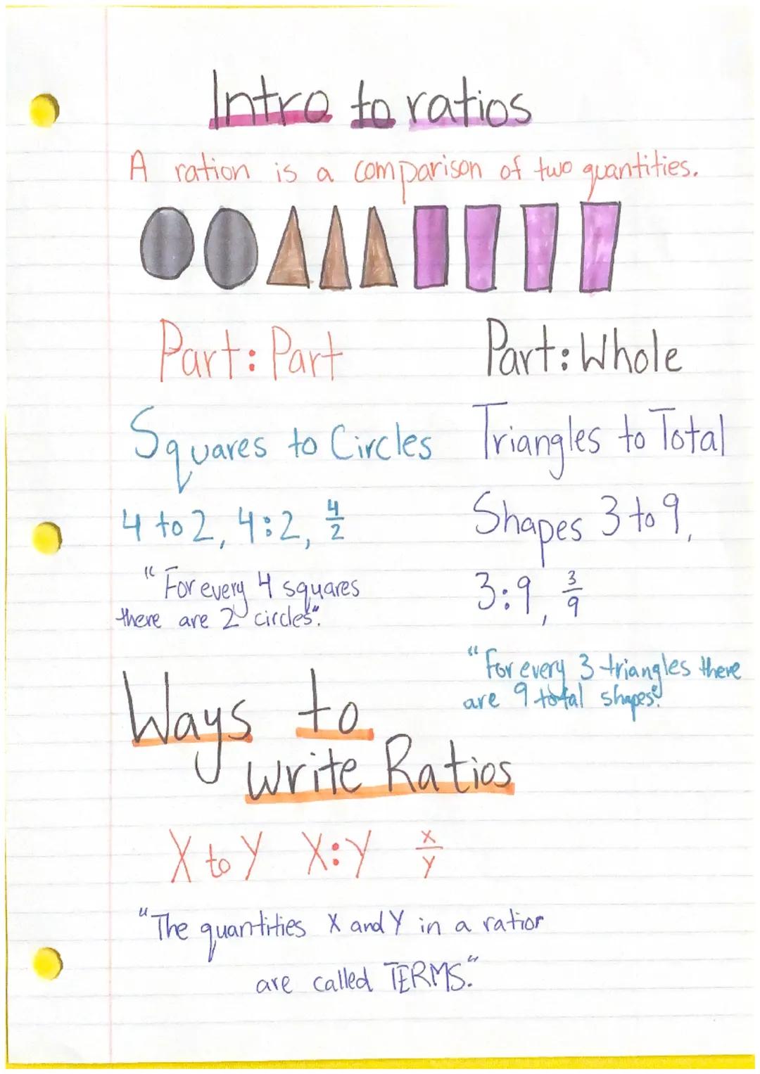# Intro to ratios

A ration is a comparison of two quantities.

Part: Part Part: Whole

Squares to Circles Triangles to Total

4 to 2,4:2, 블