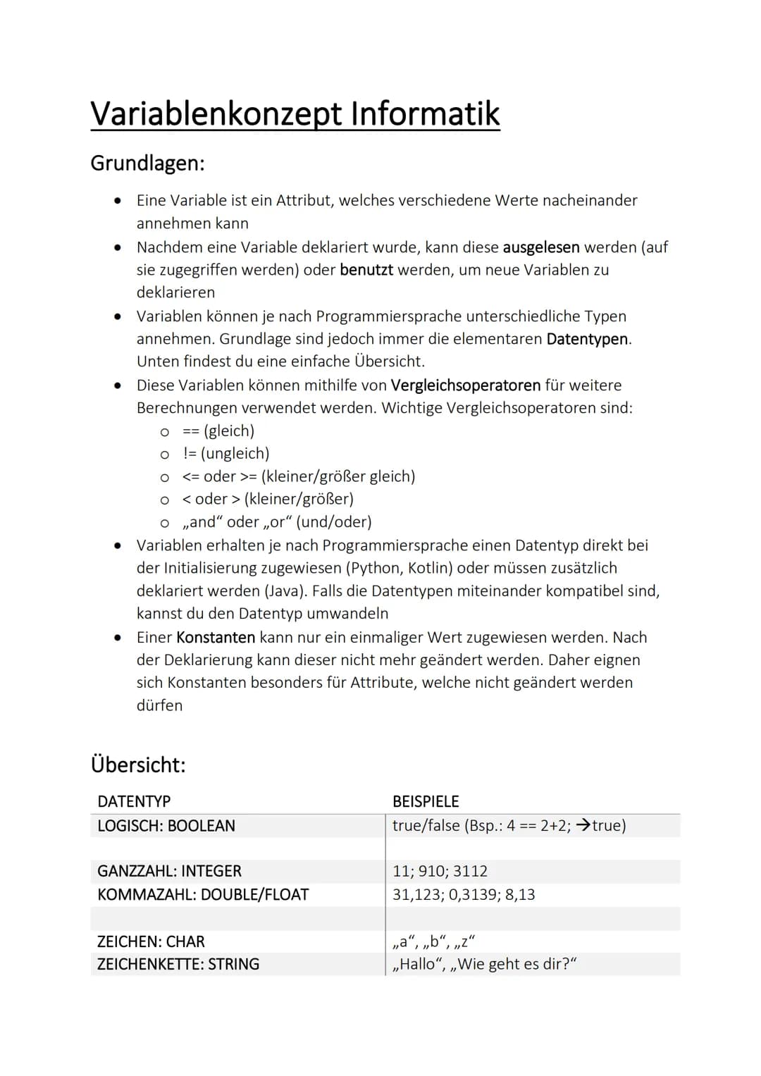 # Variablenkonzept Informatik

Grundlagen:

*   Eine Variable ist ein Attribut, welches verschiedene Werte nacheinander
annehmen kann
*   Na