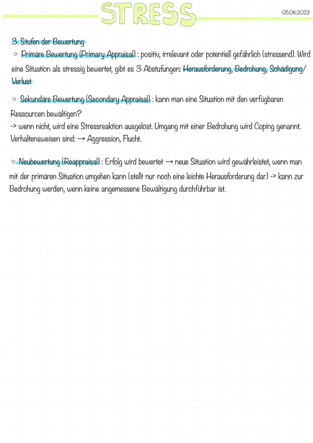 # STRESS
05.06.2022

Stress Modelle:

→ Biologisches Modell (Stress als Reaktion)

→ Psychologisches Modell (Stress als Interaktion)

Biomed