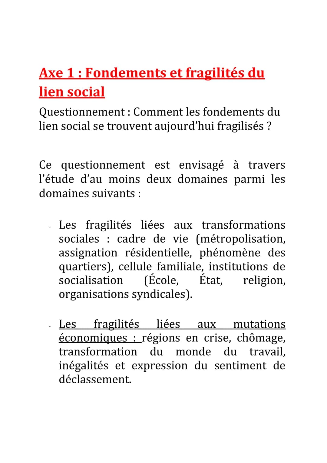 # Axe 1 : Fondements et fragilités du
lien social

Questionnement: Comment les fondements du
lien social se trouvent aujourd'hui fragilisés 