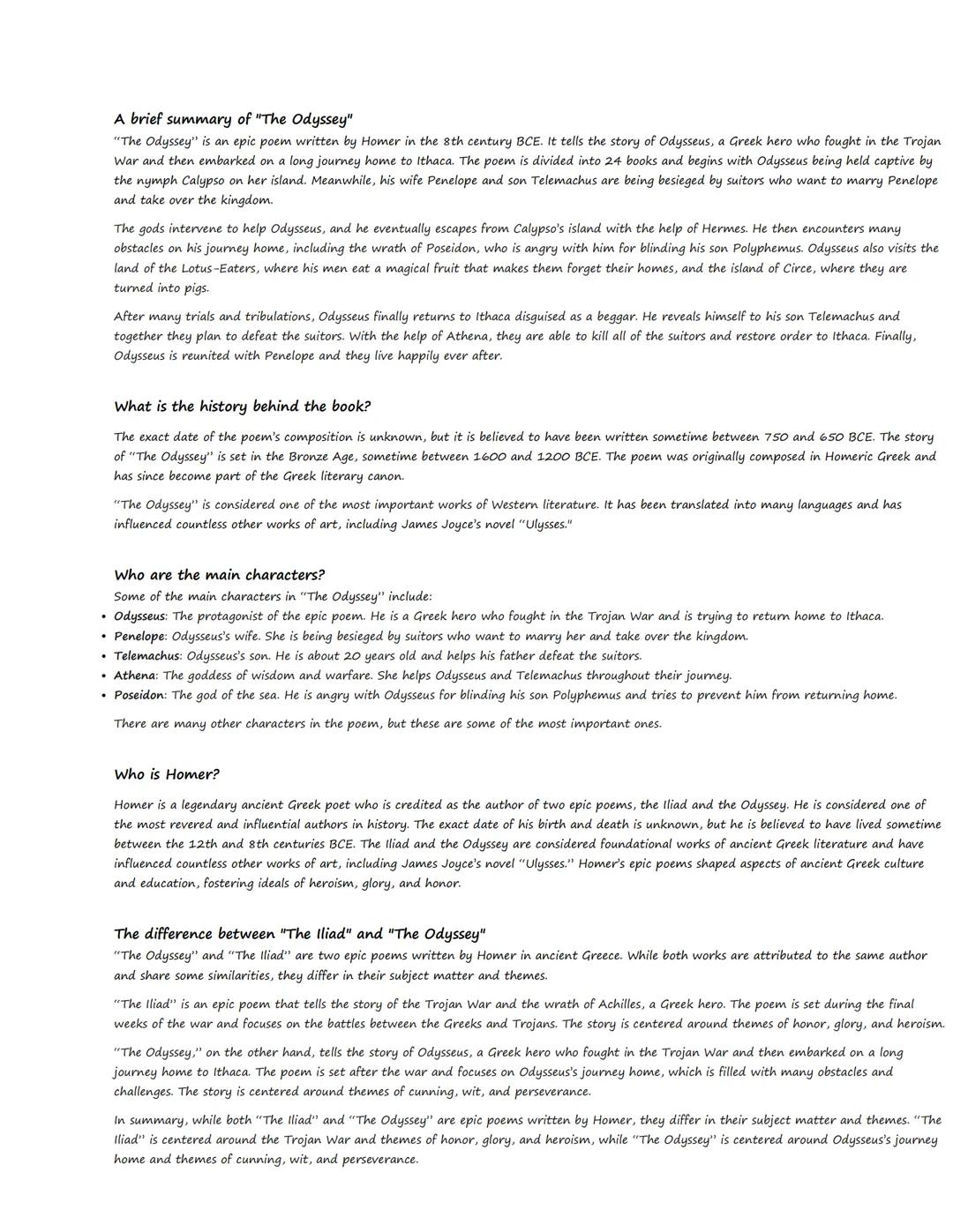 A brief summary of "The Odyssey"

"The Odyssey" is an epic poem written by Homer in the 8th century BCE. It tells the story of Odysseus, a G