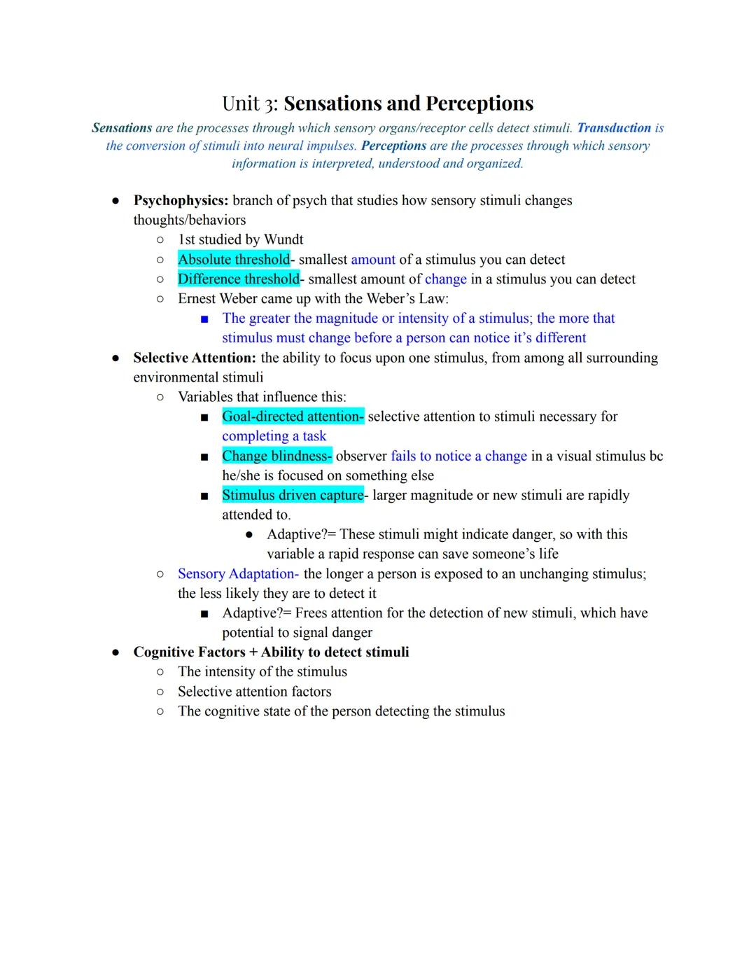 
<p>Sensations are the processes through which sensory organs/receptor cells detect stimuli, and transduction is the conversion of stimuli i