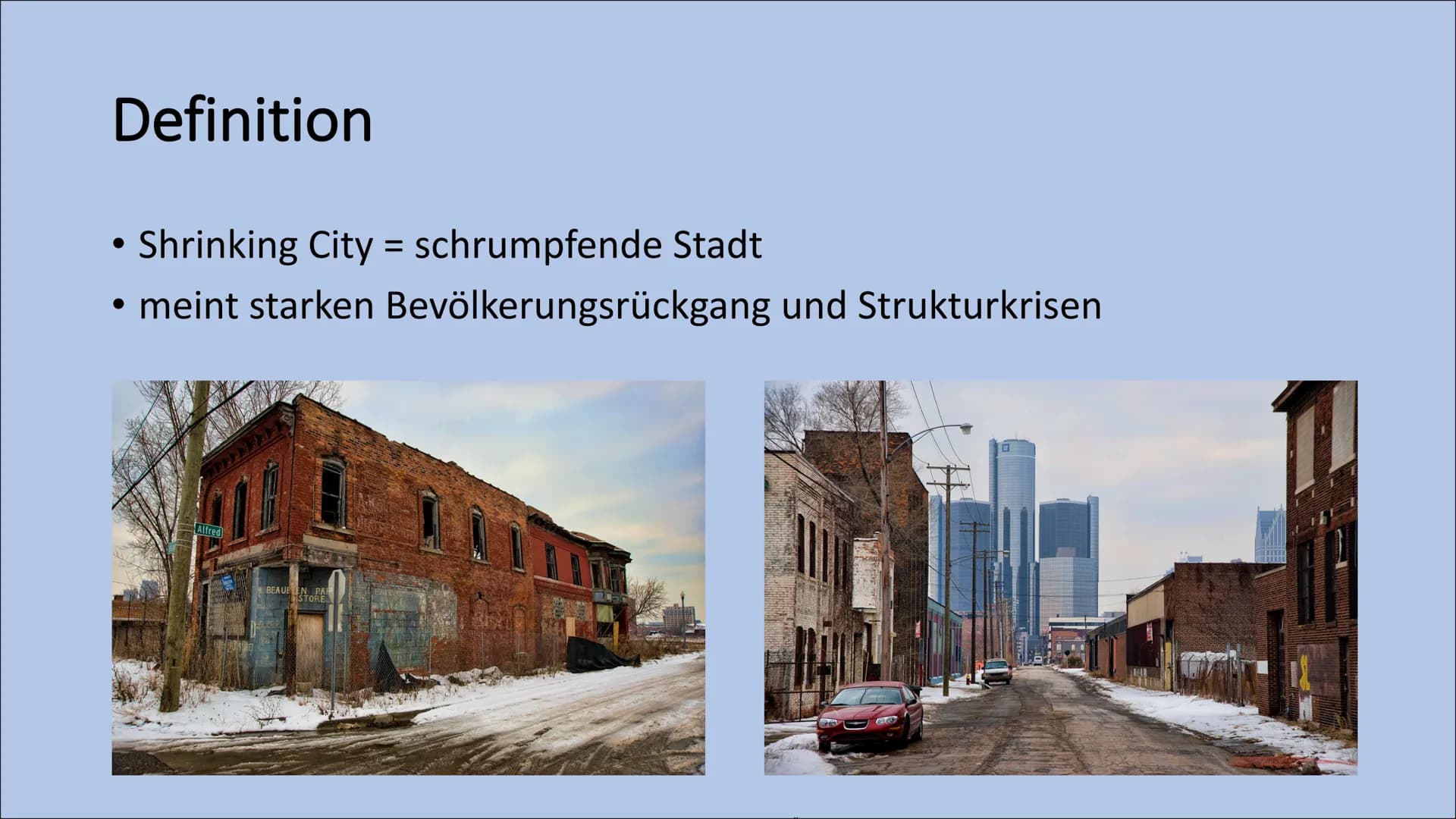 # Detroit

The shrinking citiy # Inhalt

*   Definition Shrinking City
*   Lokalisation Detroit
*   Basis Informationen
*   Auf- und Abstieg