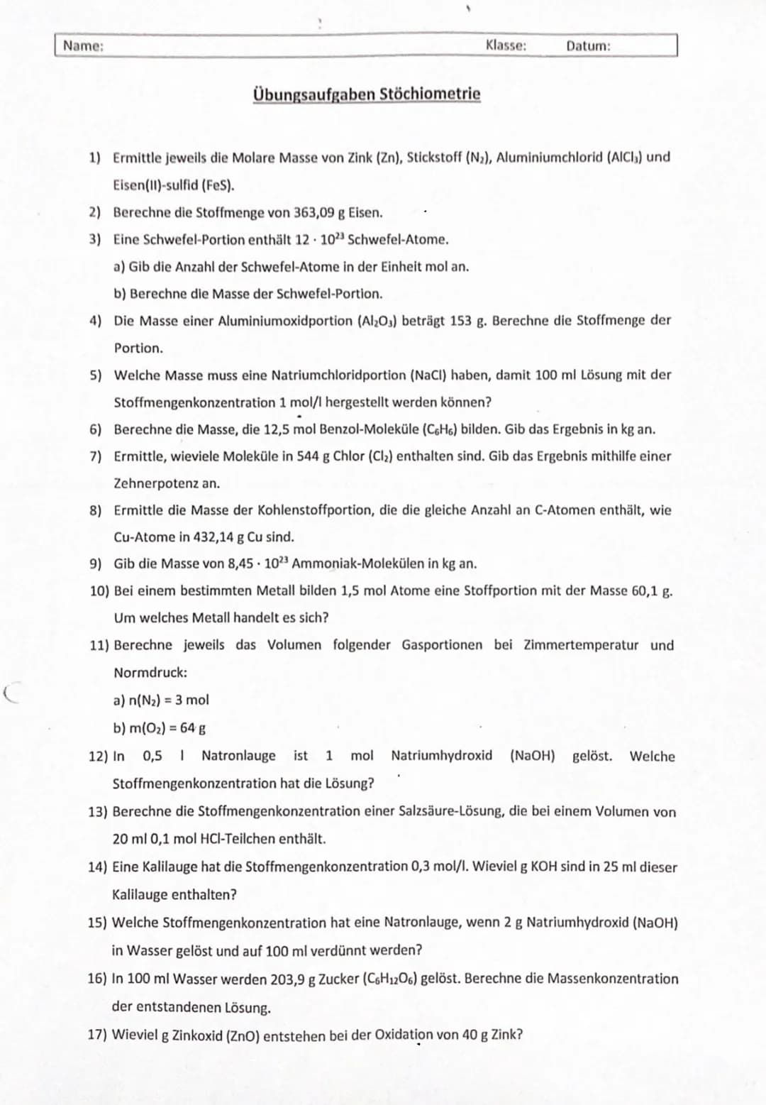 # Übersicht Stöchiometrie

Die Stoffmenge ist die Teilchenanzahl
angegeben in der Einheit mol.
1mol = 6,02.10 23
[n]=mol

Stoffmengenko
nzen