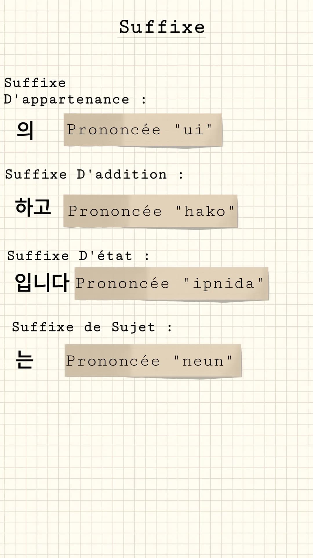- M A G I C - Suffixe

Suffixe
D'appartenance :

의 Prononcée "ui"

Suffixe D'addition :

하고 Prononcée "hako"

Suffixe D'état :

입니다 Prononcé