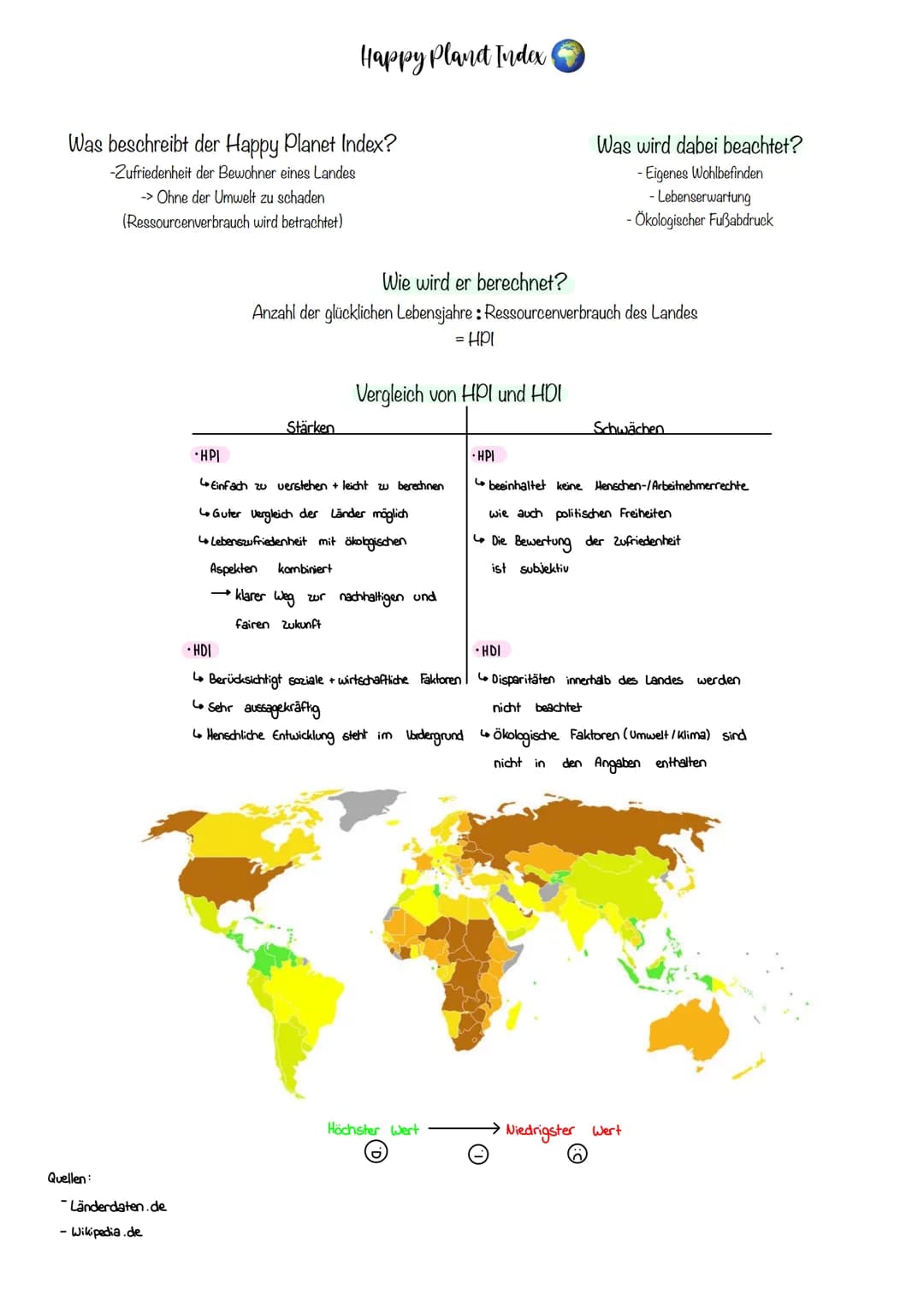 Happy Planet Index

Was beschreibt der Happy Planet Index?
-Zufriedenheit der Bewohner eines Landes
-> Ohne der Umwelt zu schaden
(Ressource