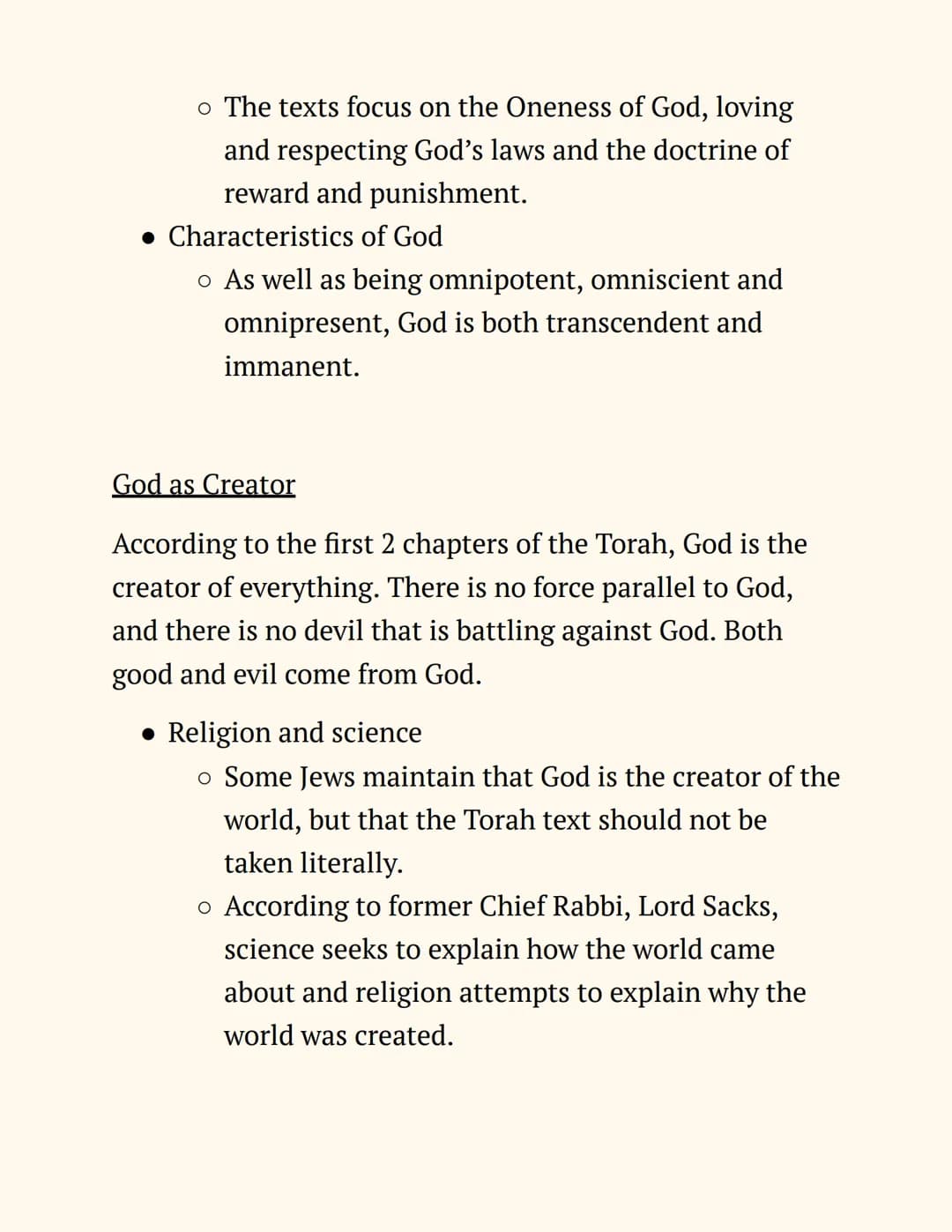RE

Judaism

Notes

Beliefs and Teachings

The Nature of God

Jews believe in One God, so Judaism is a monotheistic
religion. The nature of 