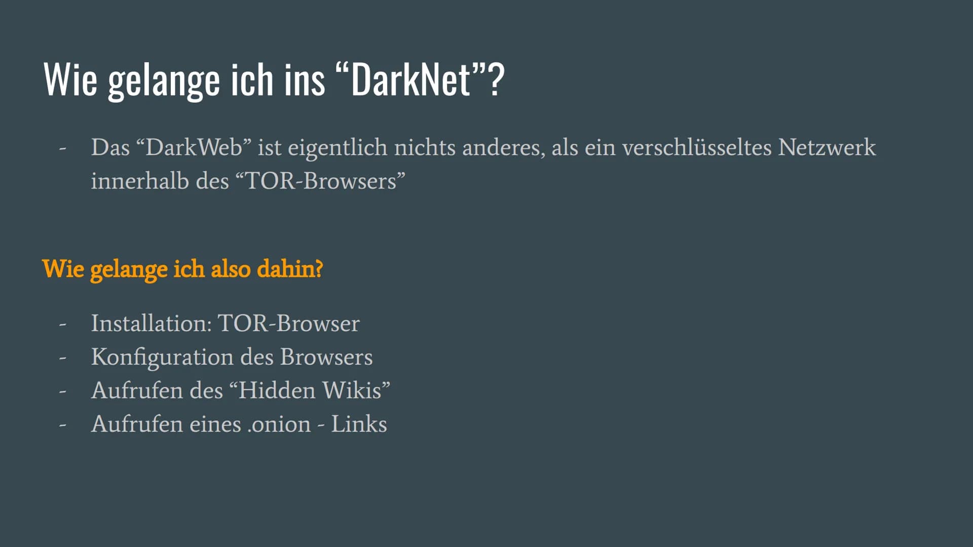 # Das DarkNet...

...

... und seine Gefahren

Eine Präsentation von Justin D. # Was ist das “DarkNet”?

- Das Darknet ist eine anonymes Net