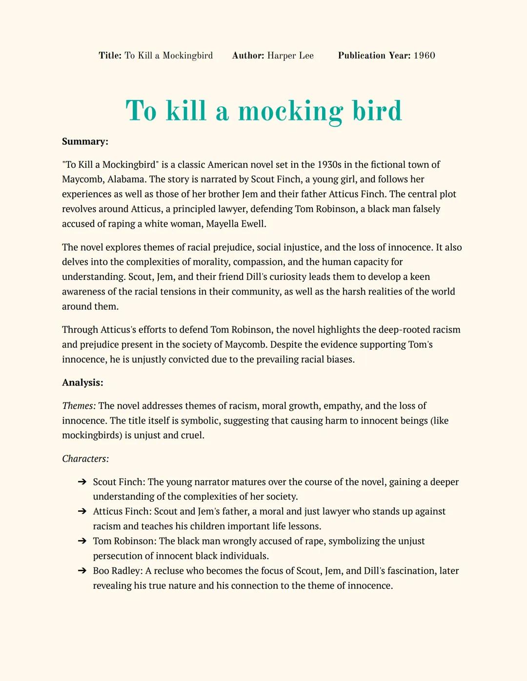 Title: To Kill a Mockingbird Author: Harper Lee Publication Year: 1960

# To kill a mocking bird

Summary:

"To Kill a Mockingbird" is a cla