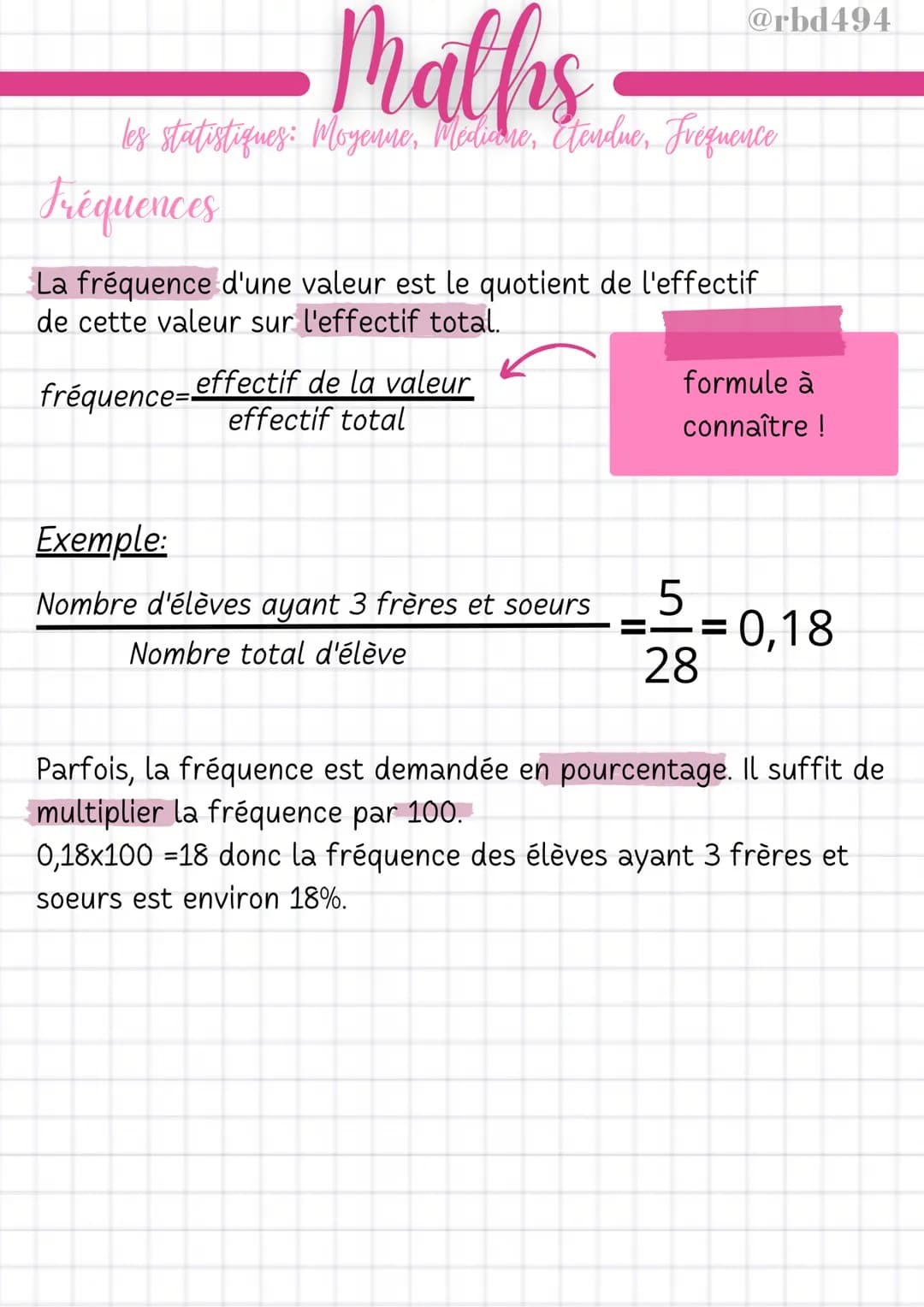 # Maths
@rbd494
les statistiques: Moyenne, Medicine, Etendue, Frequence
# Fréquences
La fréquence d'une valeur est le quotient de l'effectif