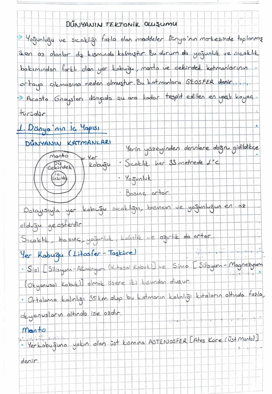 # DÜNYANIN TEKTONIK OLUŞUmu

> Yoğunluğu ve sıcaklığı fazla olan maddeler Dünya'nın merkezinde toplanmış
iken az olanlar dış kısmında kalmış