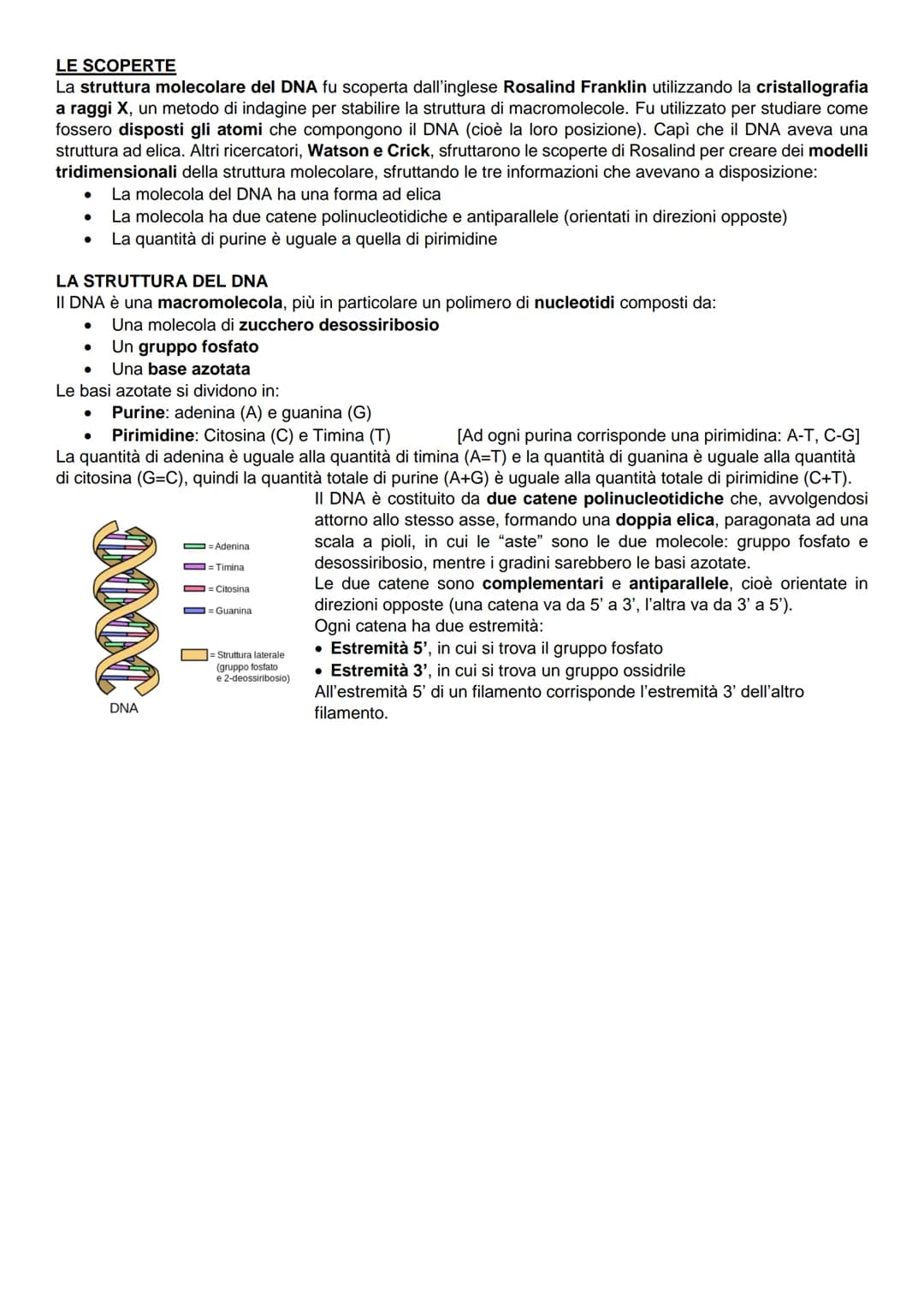 # LE SCOPERTE
La struttura molecolare del DNA fu scoperta dall'inglese Rosalind Franklin utilizzando la cristallografia
a raggi X, un metodo