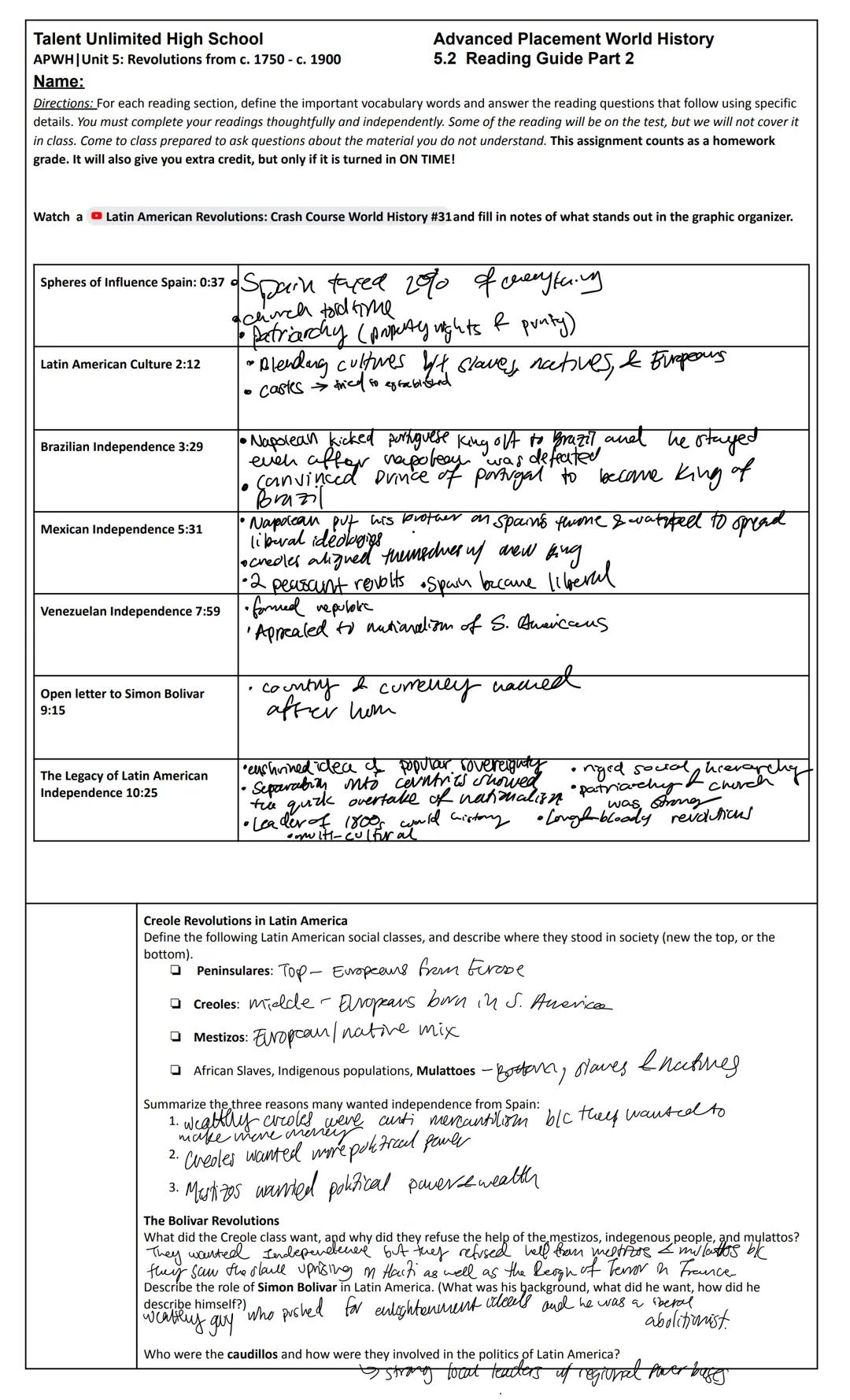 Unit 5:
Name:
5.1 Reading Guide
Advanced Placement World History
5.1
Circle Period 1 2 4 7 8
APWH | Unit 5: Revolutions from c. 1750 - c. 19