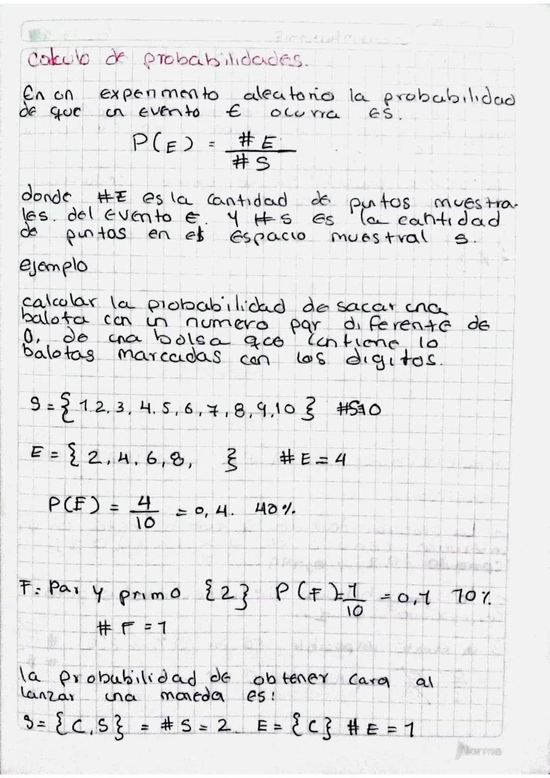 Cakulb de probabilidades.

En on experimento aleatorio la probabilidad
de que on Evento E ocurra ES.

$P(E) = \frac{#E}{\#s}$

donde #E es l