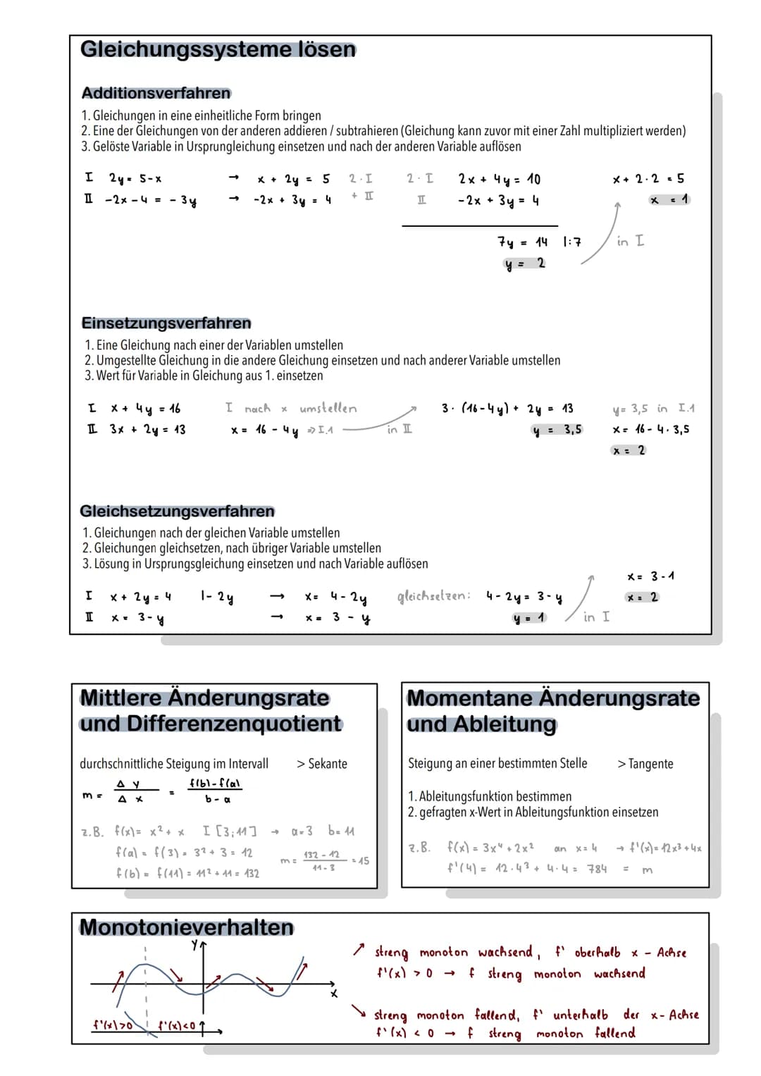 Mathematik Lernzettel - Abitur

Analysis

Geometrie (Vektoren)

Stochastik

# Analysis

## Ganzrationale Funktionen

Grad 1

Grad 2

Grad 3
