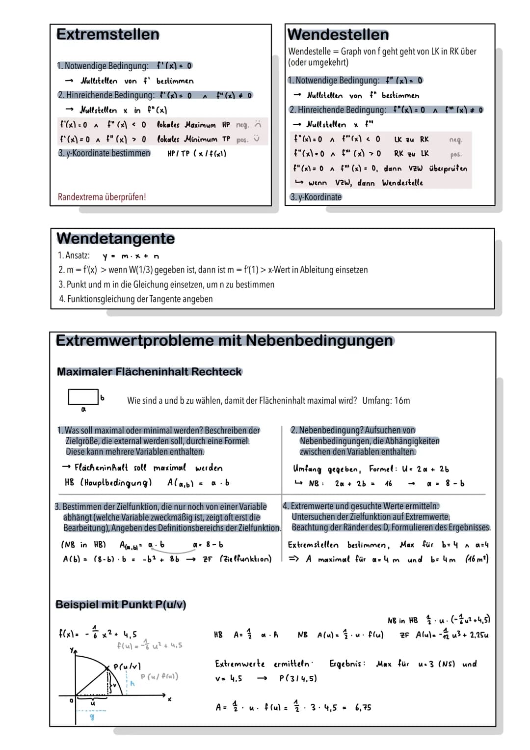 Mathematik Lernzettel - Abitur

Analysis

Geometrie (Vektoren)

Stochastik

# Analysis

## Ganzrationale Funktionen

Grad 1

Grad 2

Grad 3
