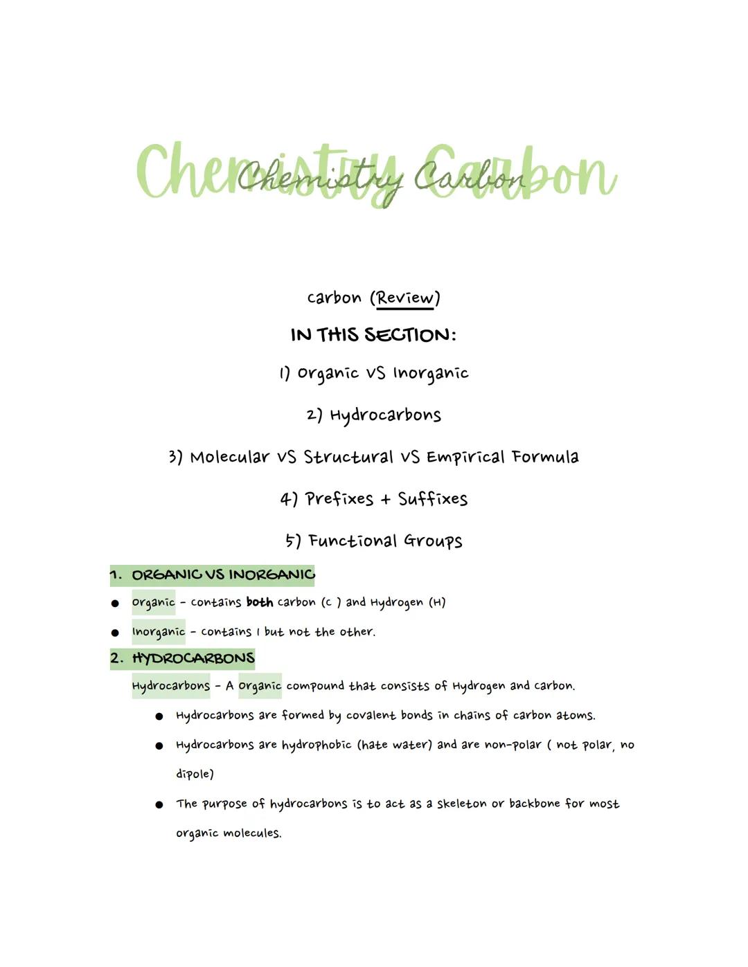 Cherokestistry Casabon

carbon (Review)

IN THIS SECTION:

1) organic vs Inorganic

2) Hydrocarbons

3) Molecular vs Structural vs Empirical