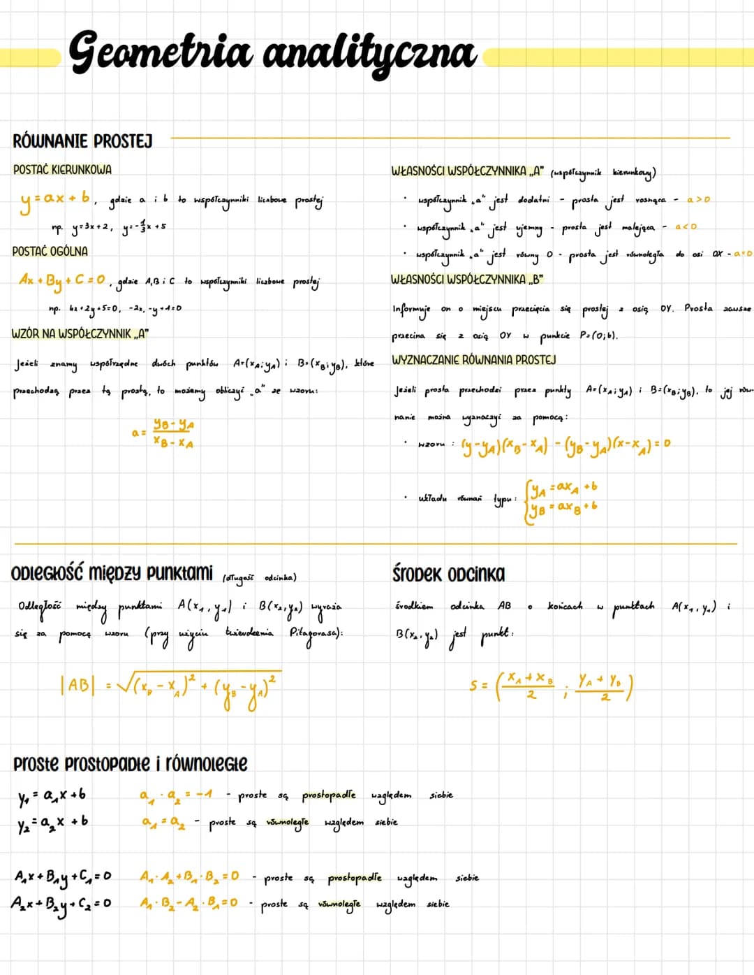# Geometria analityczna

## RÓWNANIE PROSTEJ

POSTAĆ KIERUNKOWA

$y=ax+b$, gdaie a ib to współczynniki licabove prostej

пр. y=3x+2, y=-$\fr