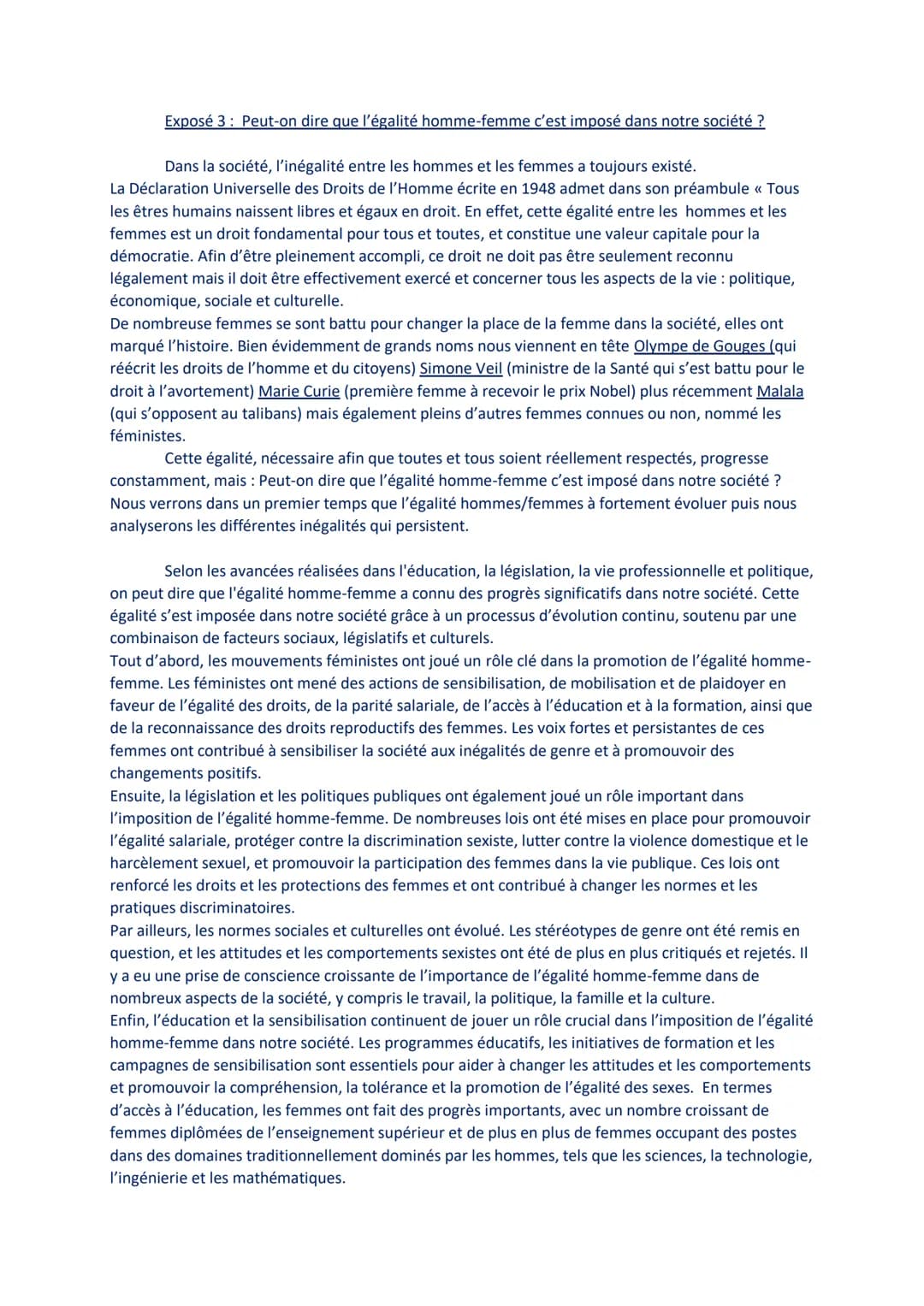 Exposé 3: Peut-on dire que l'égalité homme-femme c'est imposé dans notre société ?

Dans la société, l'inégalité entre les hommes et les fem