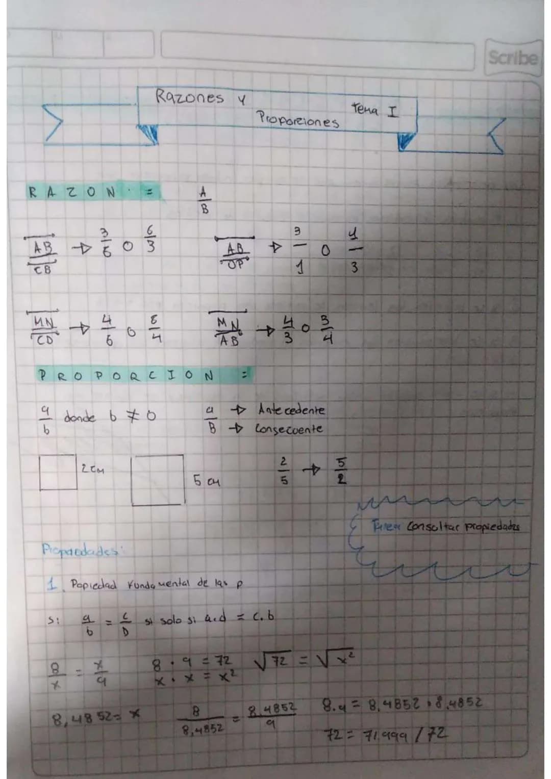 Scribe

Razones y

Тена І

Proportiones

<

$RAZON = \frac{A}{B}$

$\frac{AB}{CB} \rightarrow \frac{3}{6} 0 \frac{6}{3}$

$\frac{AB}{OP} \ri