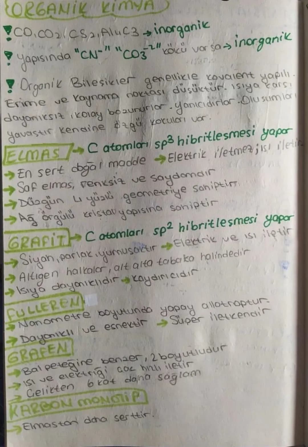 # ORGANİK KİMYA
* CO,CO2 CS2, AluC3 inorganik
* yapısında "CN-" "CO3²" kökü vor sa inorganik

! Organik Bilesikier genellikle kovalent yapıl