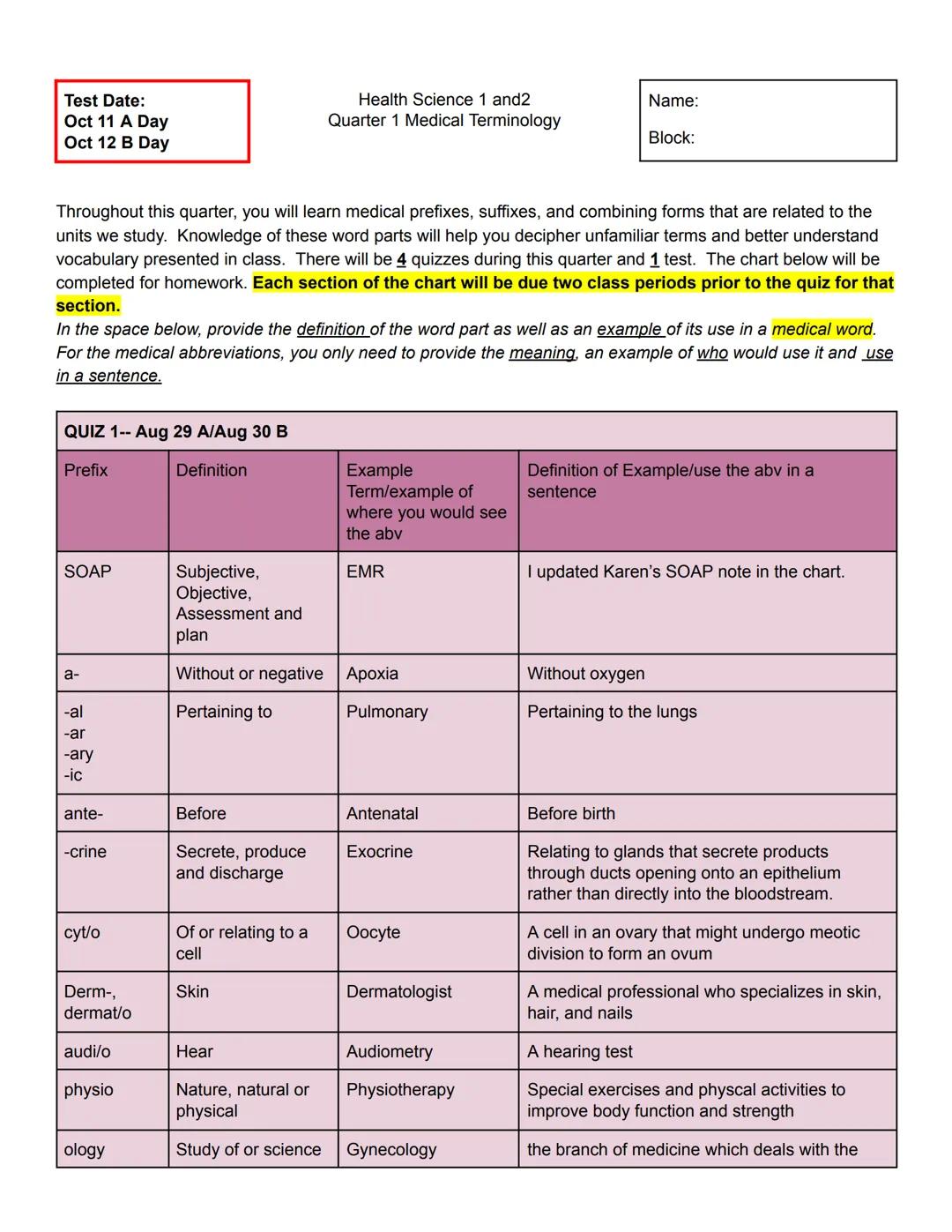 Test Date:
Oct 11 A Day
Oct 12 B Day

Health Science 1 and2
Quarter 1 Medical Terminology

Name:
Block:

Throughout this quarter, you will l