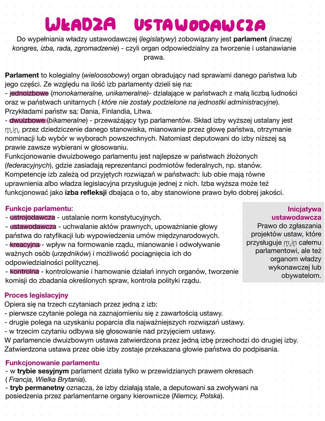 # WŁADZA USTAWODAWCZA

Do wypełniania władzy ustawodawczej (legislatywy) zobowiązany jest parlament (inaczej
kongres, izba, rada, zgromadzen