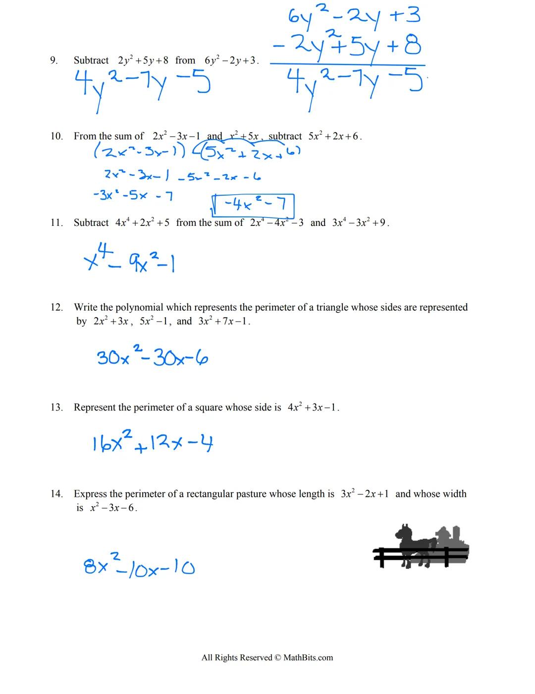 
<h2 id="addingpolynomialexpressions">Adding Polynomial Expressions</h2>
<ol>
<li><p><strong>(-3x² +5x-19) + (4x²–2x)</strong><br />
Answer: