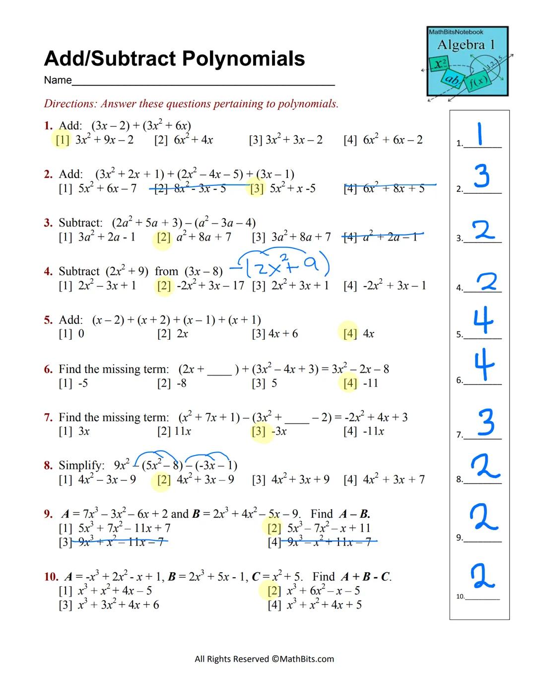 
<h2 id="addingpolynomialexpressions">Adding Polynomial Expressions</h2>
<ol>
<li><p><strong>(-3x² +5x-19) + (4x²–2x)</strong><br />
Answer: