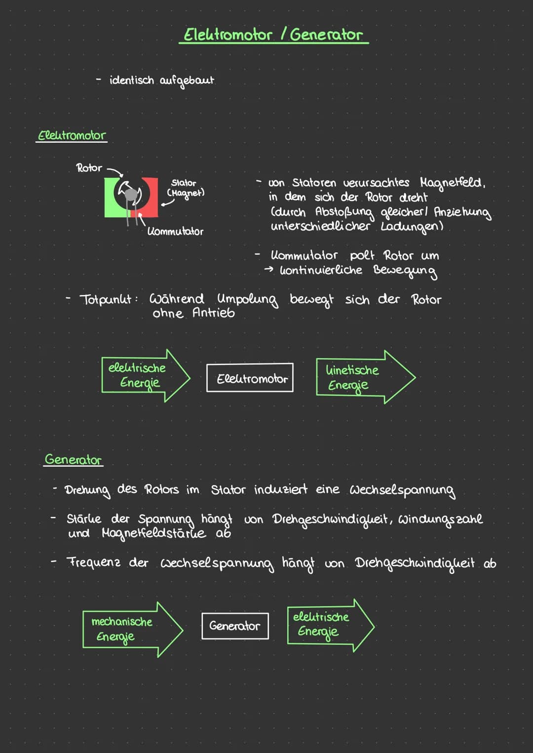 # Elektromotor / Generator

- identisch aufgebaut

## Elektromotor

Rotor

Stator
(Magnet)

Kommutator

- von Statoren verursachtes Magnetfe