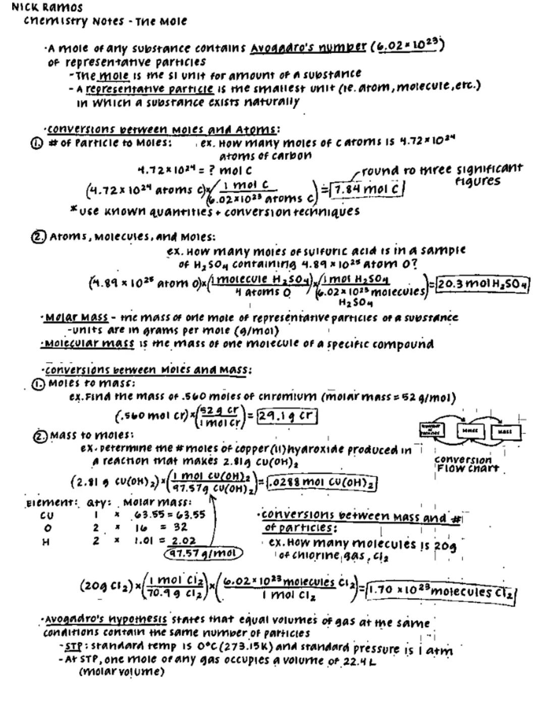 # NICK RAMOS
chemistry Notes - The Mole

- A mole of any substance contains Avogadro's number (6,02*1023)
of representative particles
-The m