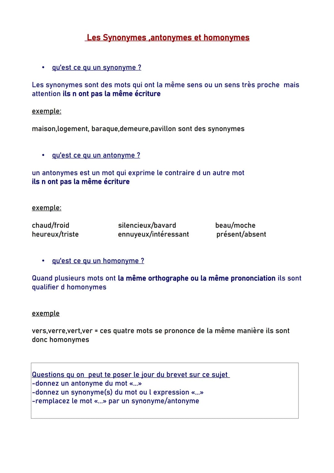 Les Synonymes ,antonymes et homonymes

- qu'est ce qu un synonyme ?

Les synonymes sont des mots qui ont la même sens ou un sens très proche