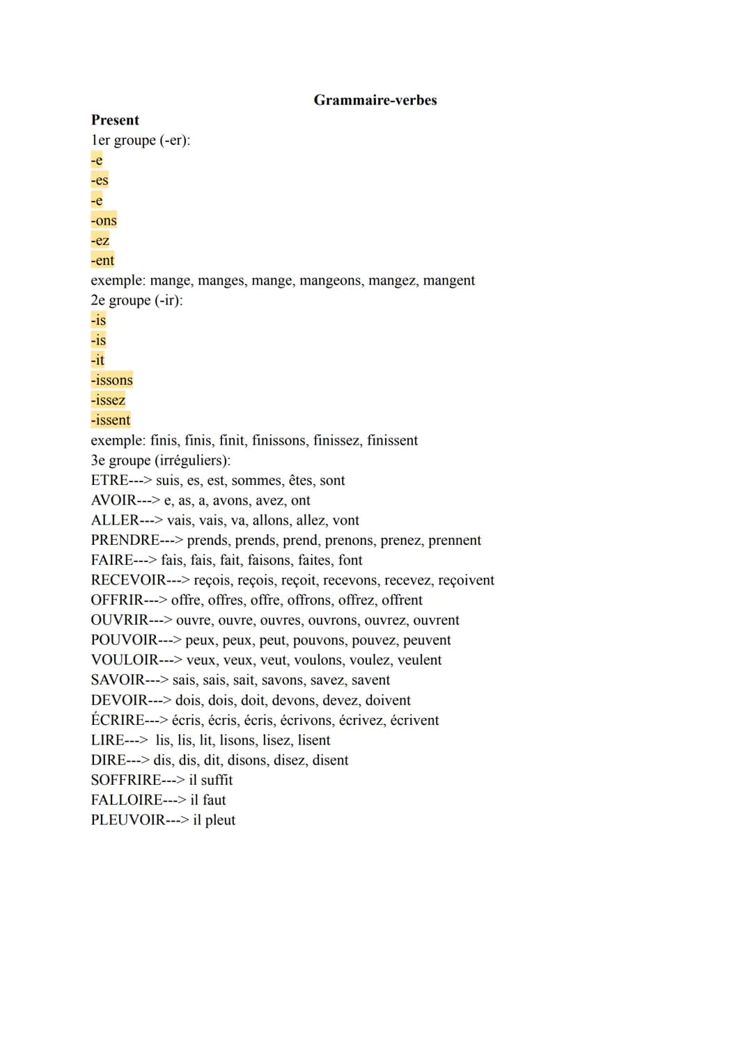 Present

ler groupe (-er):
-e
-es
-e
-ons
-ez
-ent
Grammaire-verbes

exemple: mange, manges, mange, mangeons, mangez, mangent

2e groupe (-i