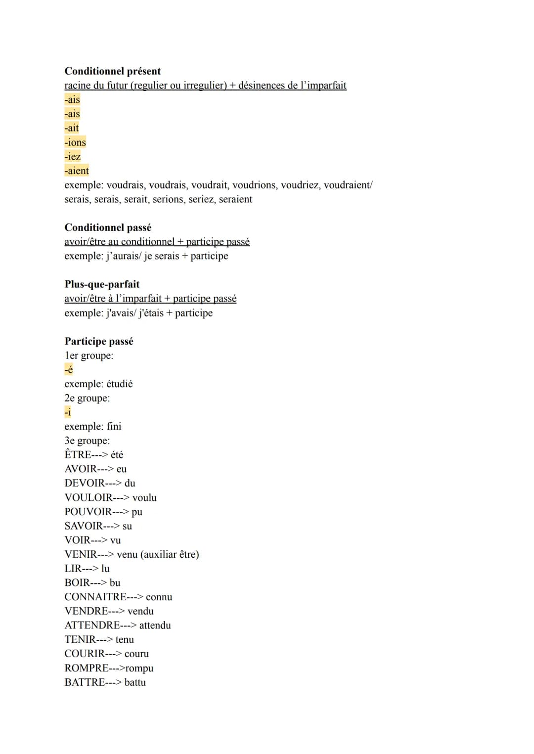 Present

ler groupe (-er):
-e
-es
-e
-ons
-ez
-ent
Grammaire-verbes

exemple: mange, manges, mange, mangeons, mangez, mangent

2e groupe (-i