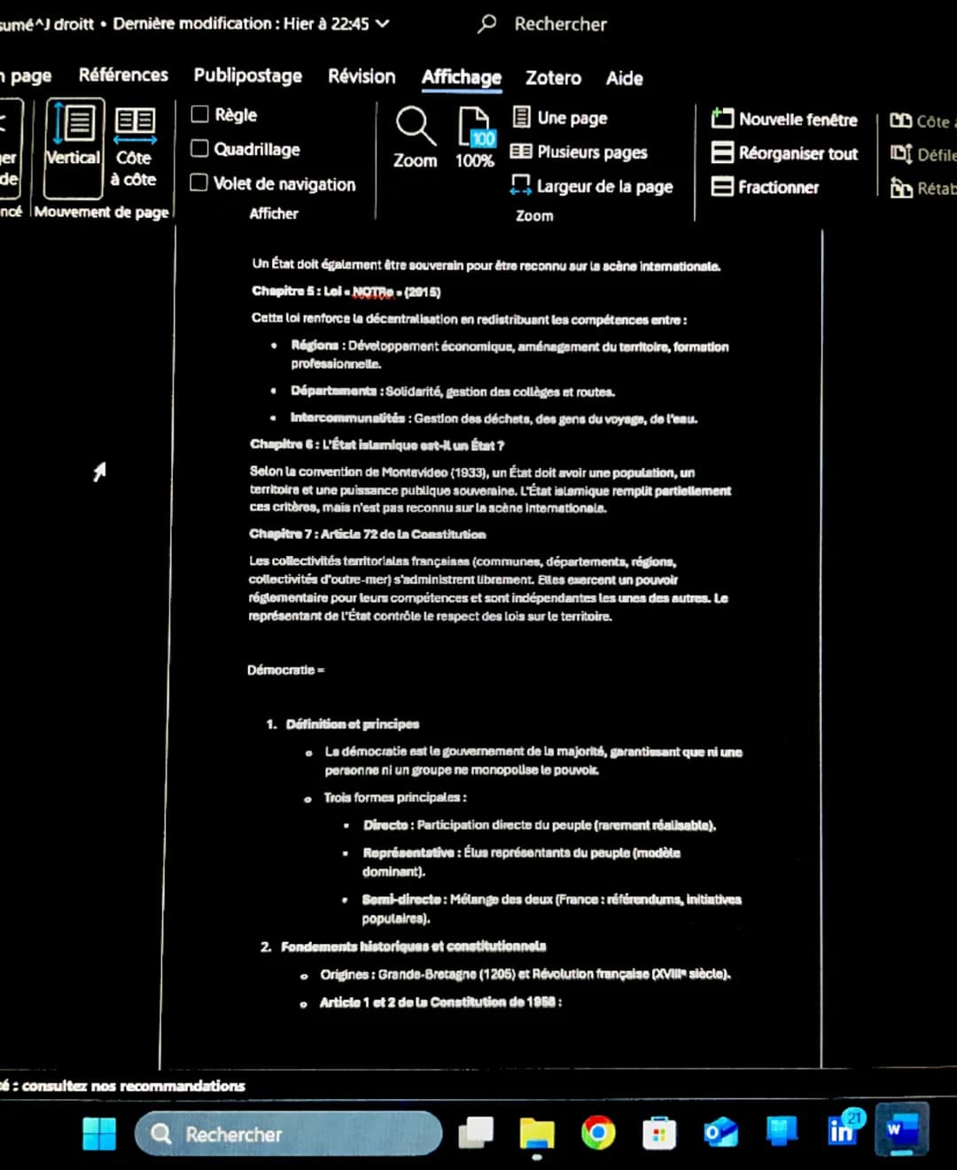 - mé^J droitt. Dernière modification: Hier à 22:45
- Rechercher
- age Références Publipostage Révision Affichage Zotero Aide
- 目
- Règle
- Q