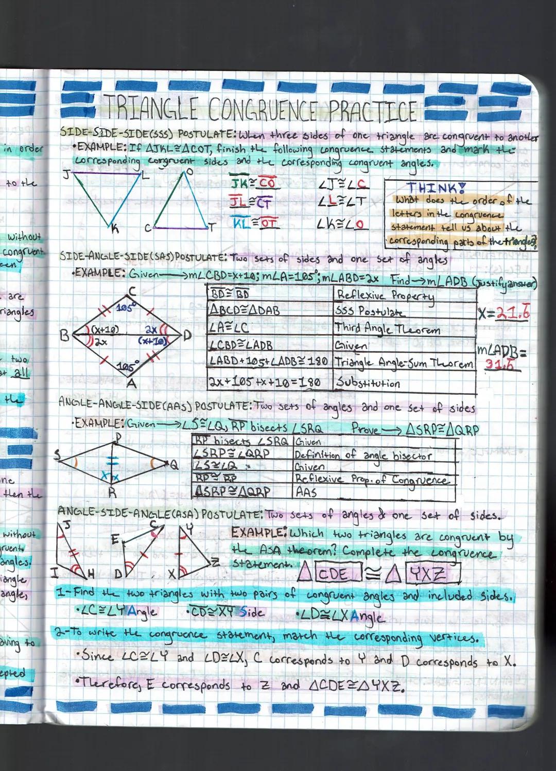 TRIANGLE CONGRUENCE PRACTICEEE

SIDE-SIDE-SIDE(SSS) POSTULATE: When three sides of one triangle are congruent to another
* EXAMPLE: IF $\tri