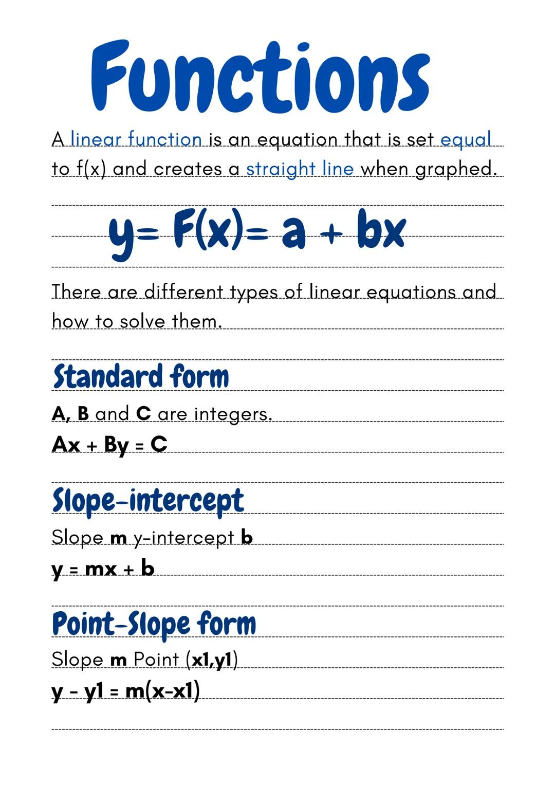 # Functions

A linear function is an equation that is set equal....
to f(x) and creates a straight line when graphed.

$y$= $F(x)$= a + bx

