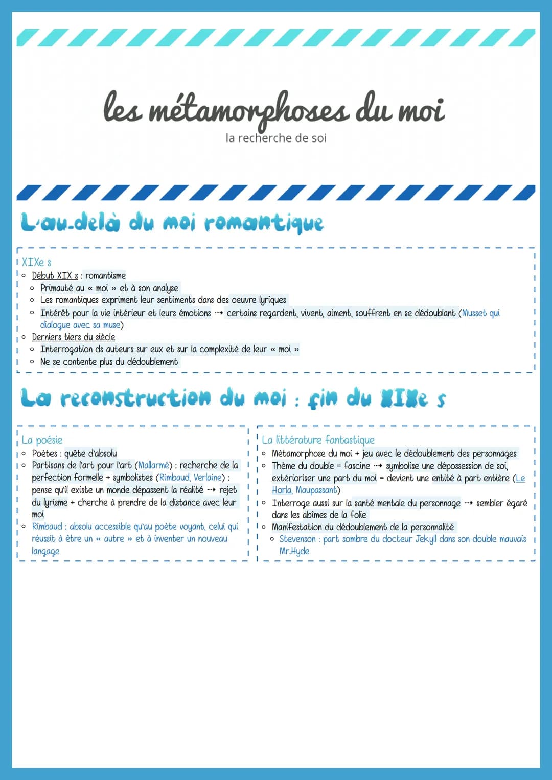 # les métamorphoses du moi
la recherche de soi

L'au-delà du moi romantique

■ XIXe s

*   Début XIXs: romantisme
*   Primauté au « moi » et