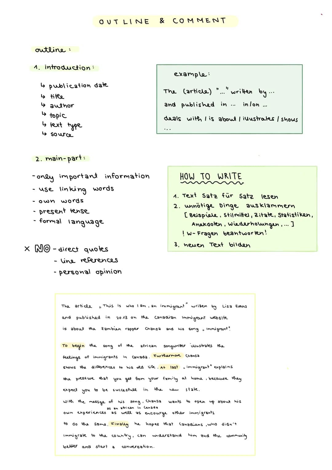 # OUTLINE & COMMENT

outline:

1. introduction:

↳ publication date

4 title

↳ author

↳ topic

4 text type

↳ source

2. main-part:

-only