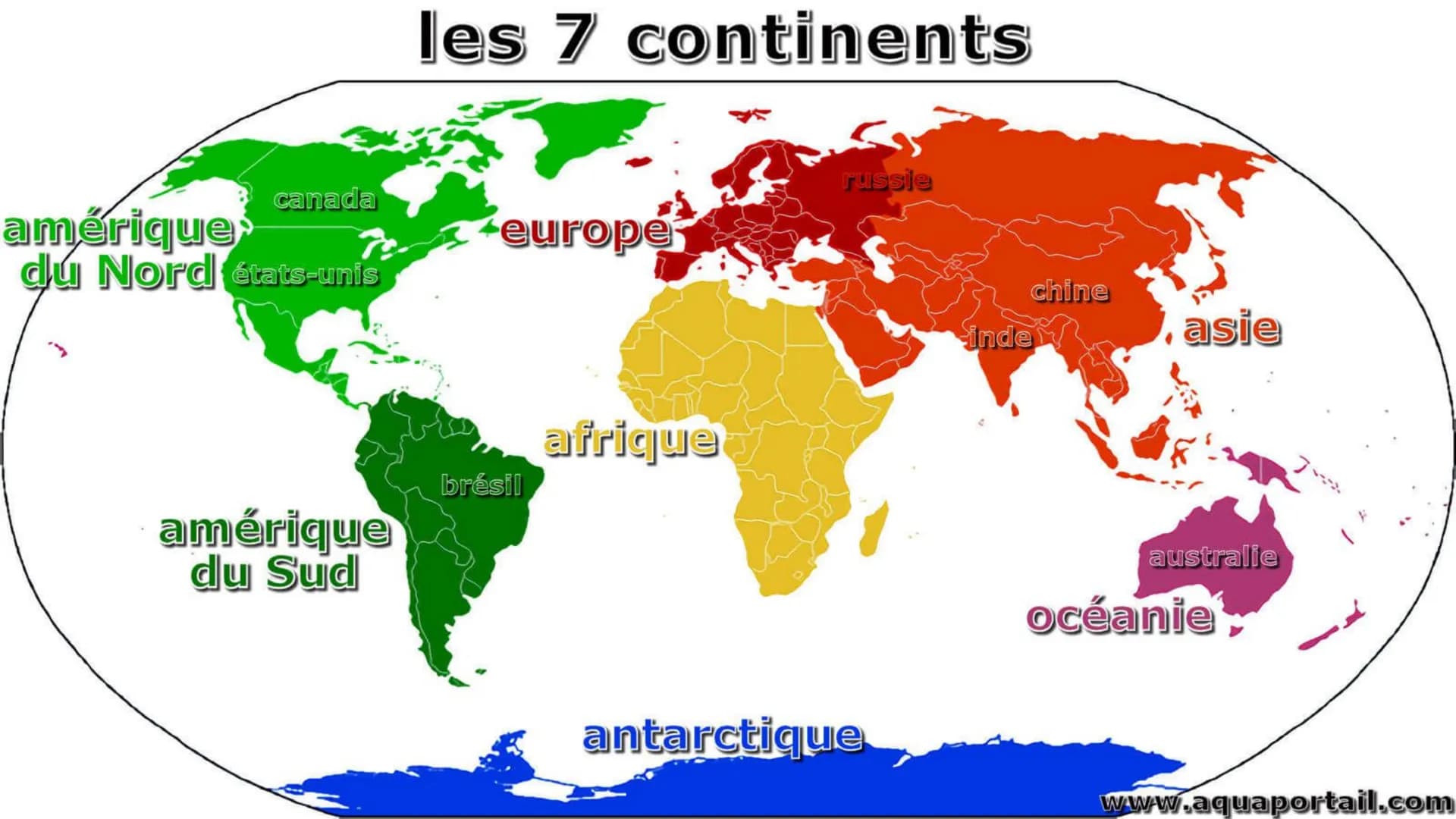 # les 7 continents

russie

canada
europe

amérique
du Nord états-unis

afrique

brésil

amérique
du Sud

antarctique

chine
inde
asie

aust