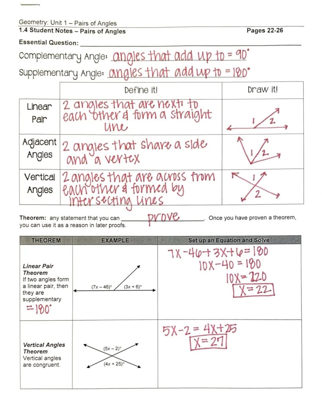 Geometry: Unit 1 - Pairs of Angles
1.4 Student Notes - Pairs of Angles

Essential Question:

Complementary Angle: angles that add up to = 90