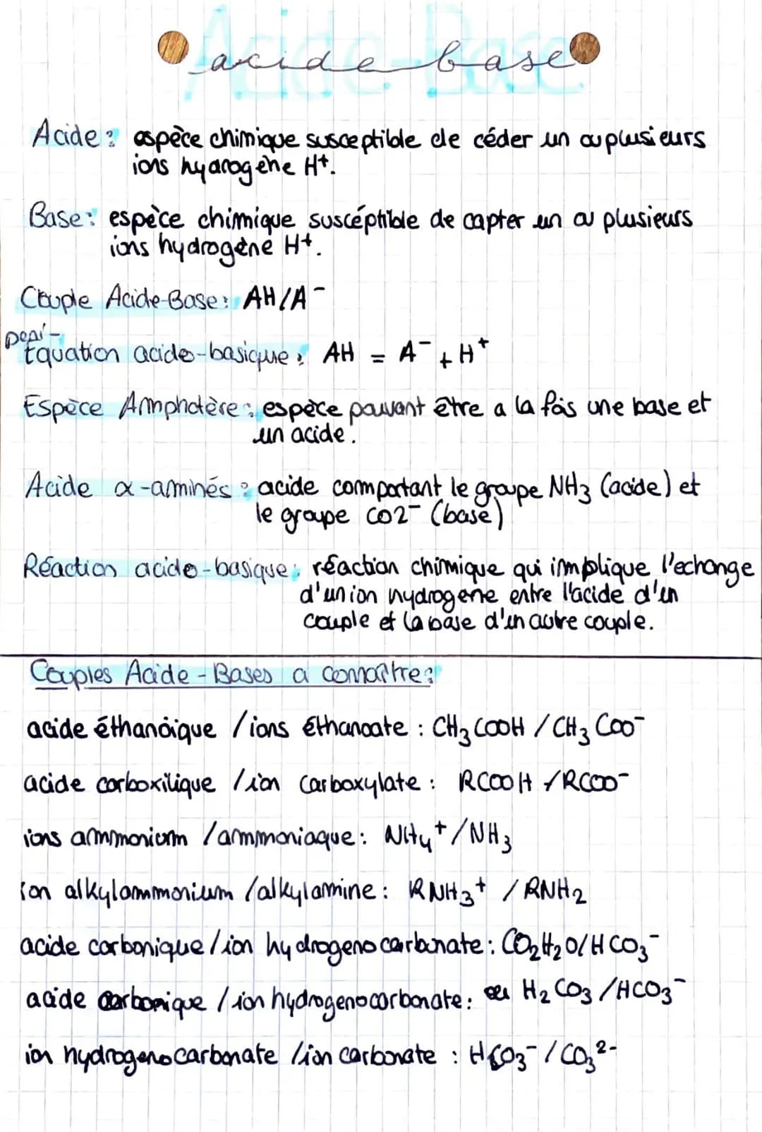 # acide base

Acide? espèce chimique susceptible de céder un cuplusieurs
ions hyarogene Ht.

Base: espèce chimique susceptible de capter un 