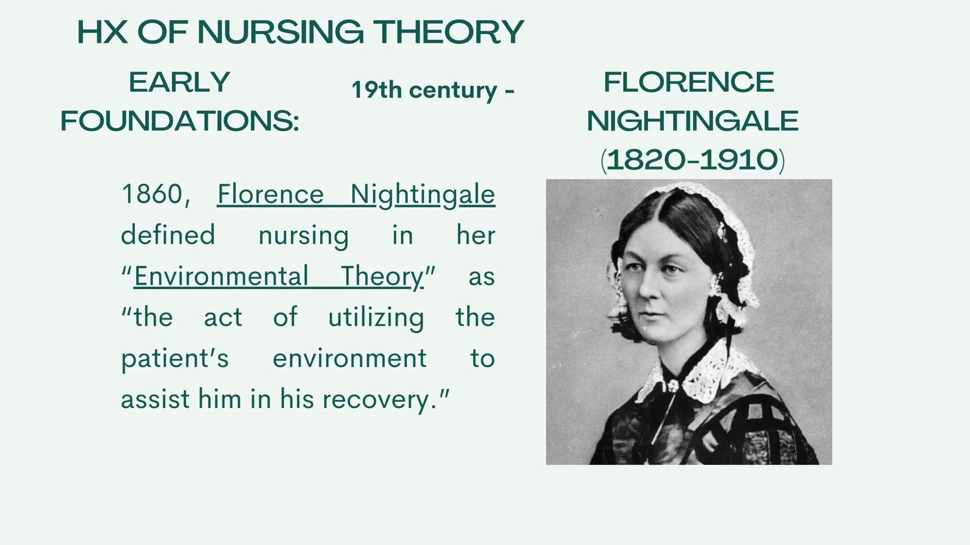 NCM 100:
TFN HX OF NURSING THEORY
EARLY
FOUNDATIONS:
19th century -
1860, Florence Nightingale
defined nursing in her
“Environmental Theory.