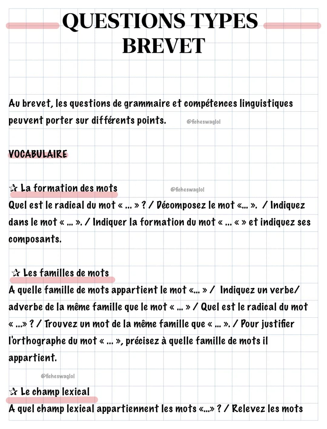 # QUESTIONS TYPES
BREVET

Au brevet, les questions de grammaire et compétences linguistiques
peuvent porter sur différents points. @ficheswa