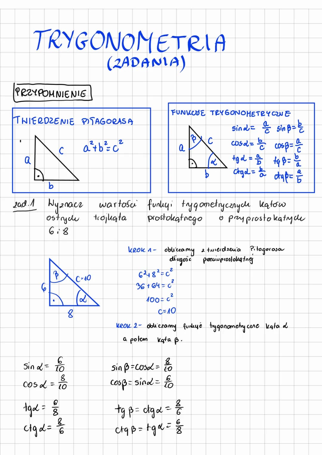 # TRYGONOMETR
(ZADANIA)

PRZYPOMNIENIE

THIERDZENIE PITAGORASA

C
a
a²+b²=c²

b

FUNKCJE TRYGONOMETRYCZNE

sin$\alpha$= $\frac{a}{c}$ sin$\b