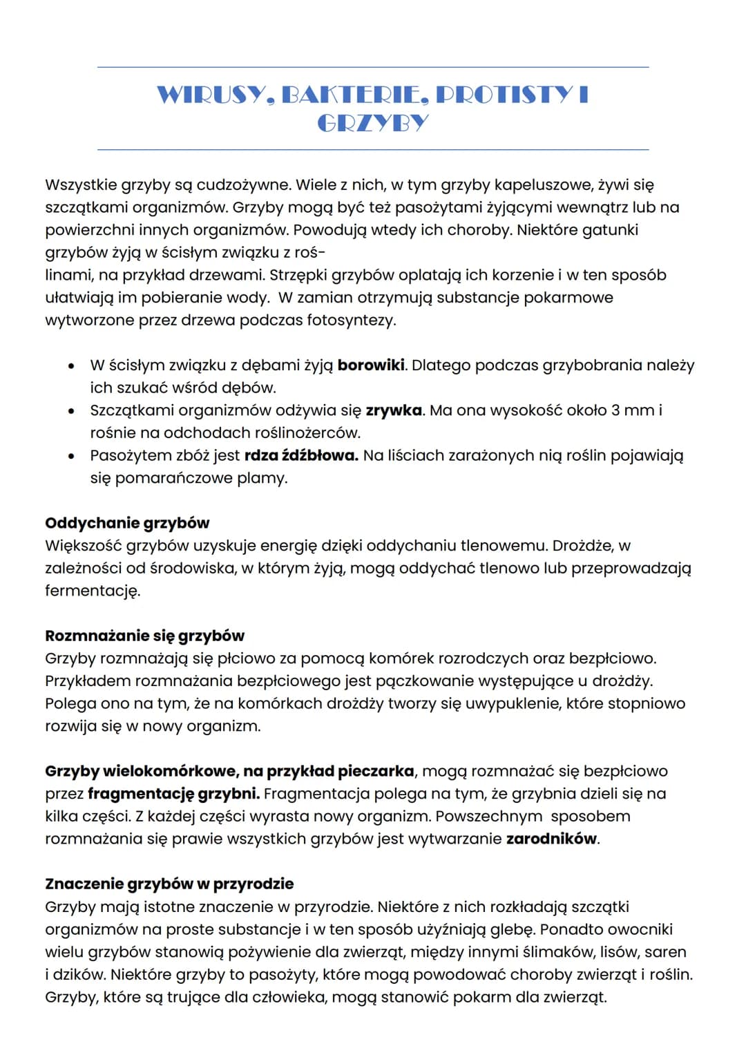 # WIRUSY, BAKTERIE, PROTISTY I
GRZYBY

## WIRUSY

Wirusy to małe cząsteczki zakaźne, które po wniknięciu do komórek organizmu mogą
wywoływać