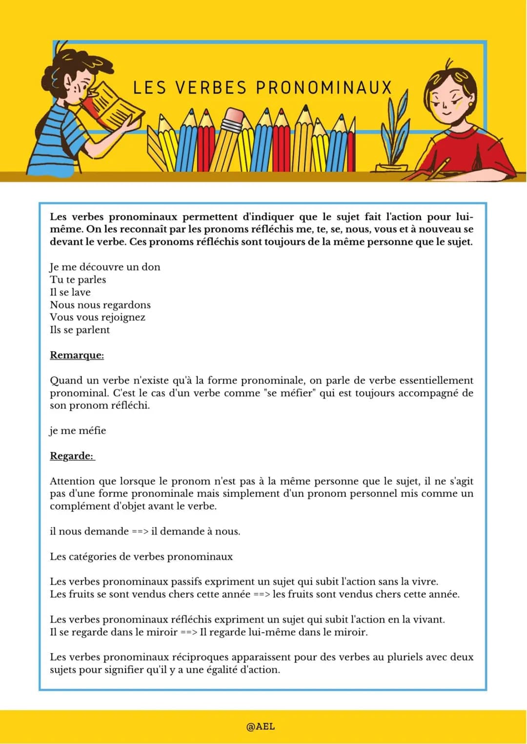 # LES VERBES PRONOMINAUX

Les verbes pronominaux permettent d'indiquer que le sujet fait l'action pour lui-
même. On les reconnaît par les p