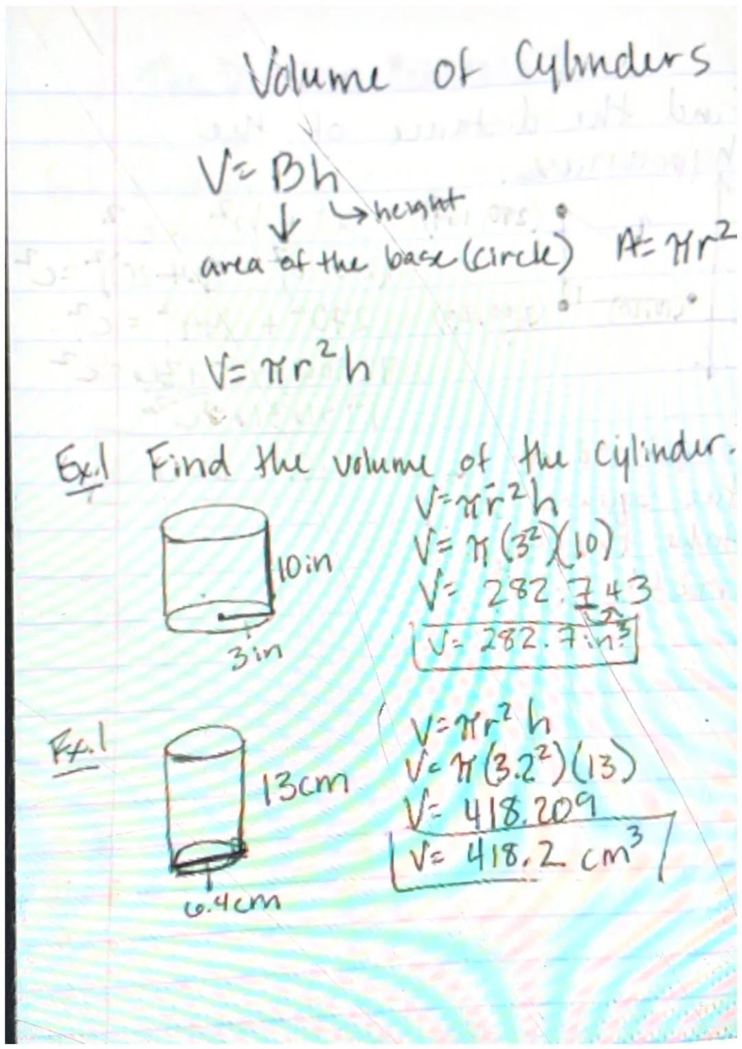 Volume of Cylinders.
V= Bh
✓ height
area of the base (Circle) A=74m²
V= r²h
Exil Find the volume of the cylinder.
10 in
3 in
Fx.l
6.4cm
Varz